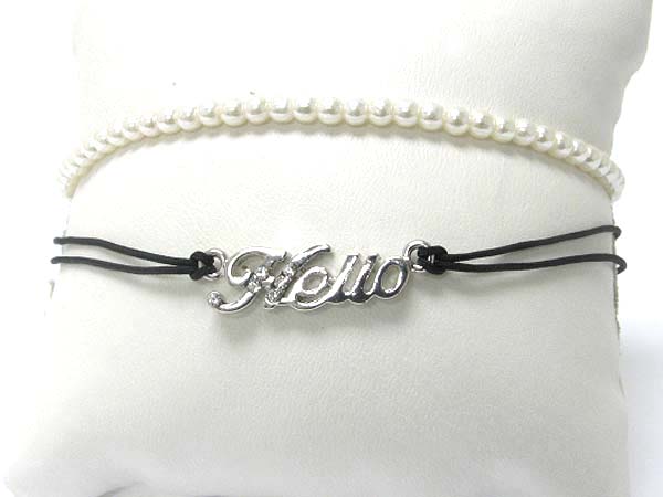 Made in korea whitegold plating crystal stud hello pearl and cord mixed bracelet