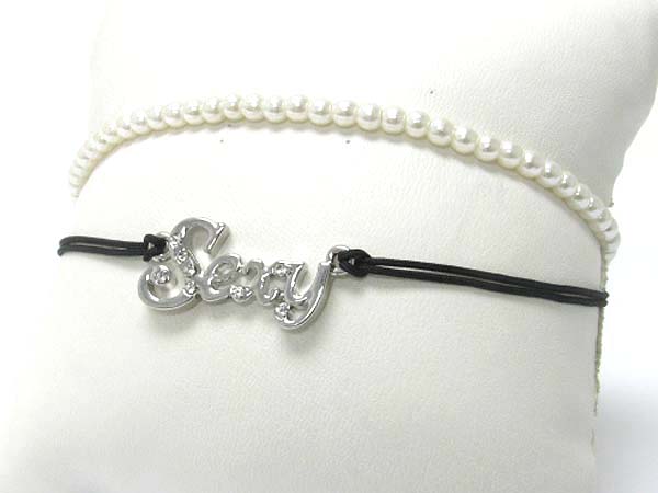 Made in korea whitegold plating crystal stud sexy pearl and cord mixed bracelet