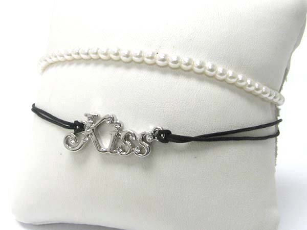 Made in korea whitegold plating crystal stud kiss pearl and cord mixed bracelet