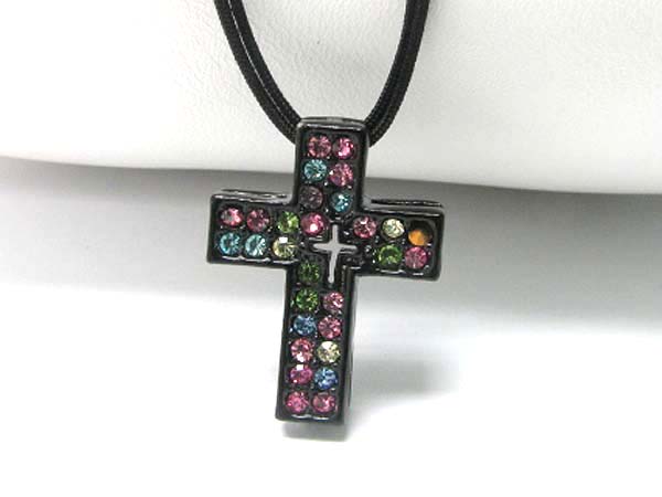 Crystal stud cross pendant cord necklace