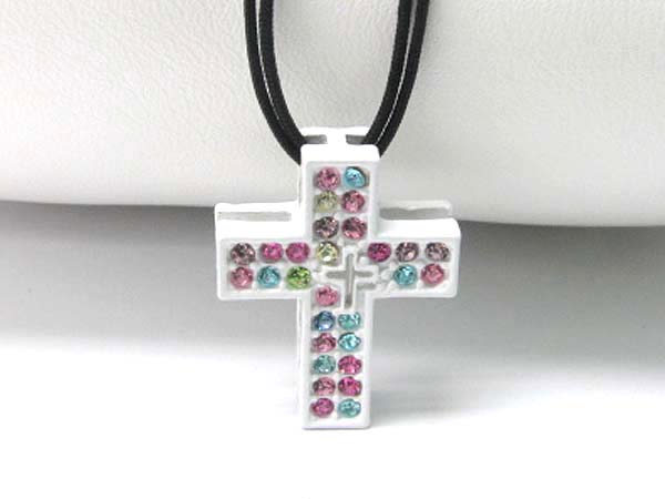 Crystal stud cross pendant cord necklace