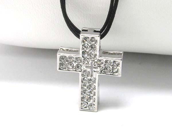 Crystal stud cross pendant cord necklace