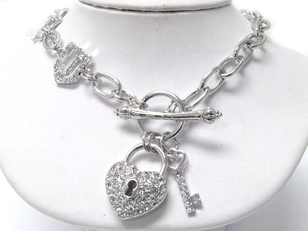 Made in korea whitegold plating crystal stud key and heart lock charm toggle chain necklace