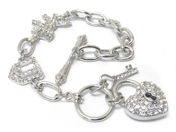 Made in korea whitegold plating crystal stud key and heart lock charm toggle chain bracelet