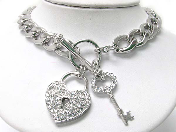 Made in korea whitegold plating crystal stud key and heart lock charm toggle fine metal chain necklace