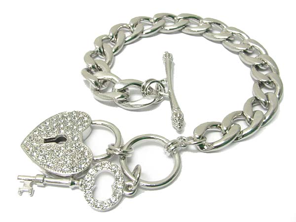 Made in korea whitegold plating crystal stud key and heart lock charm toggle fine metal chain bracelet