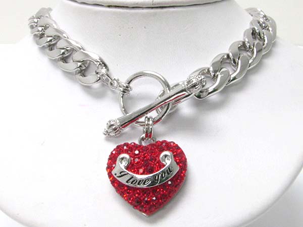 Made in korea whitegold plating crystal stud love heart charm toggle fine metal chain necklace