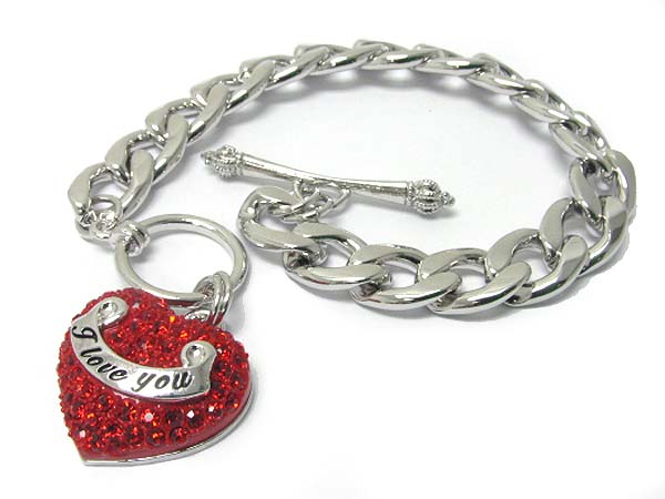 Made in korea whitegold plating crystal stud love heart charm toggle fine metal chain bracelet