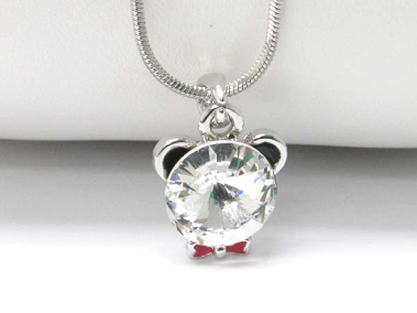 Made in korea whitegold plating crystal and epoxy bear face pendant necklace