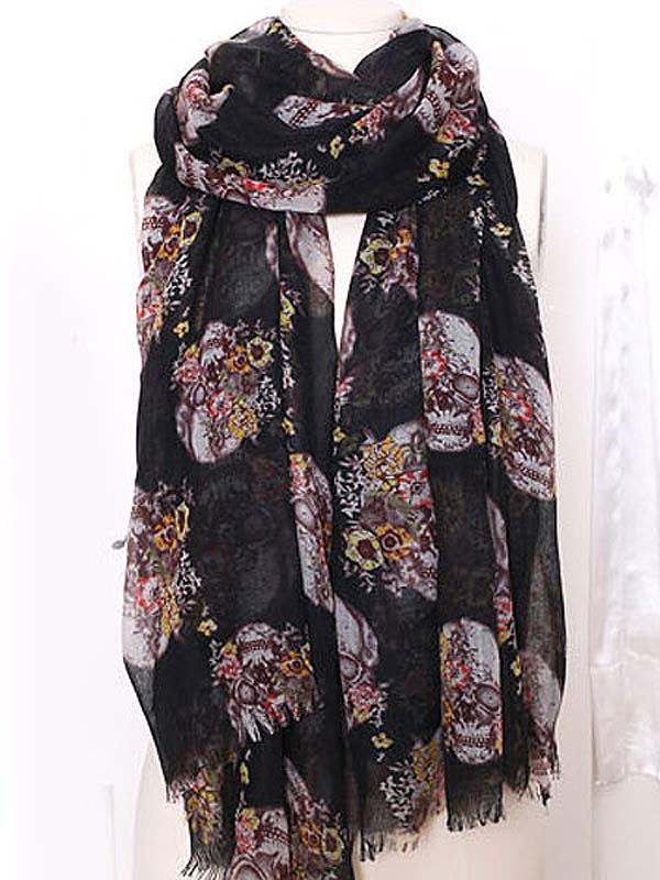 Skull and flower pattern premium grade oversize sheer scarf  polyester  fabric