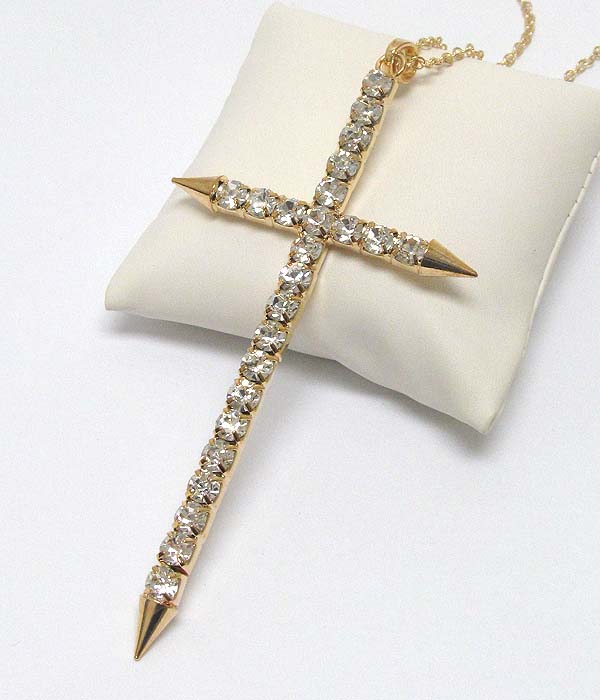 Crystal deco large spike cross long necklace