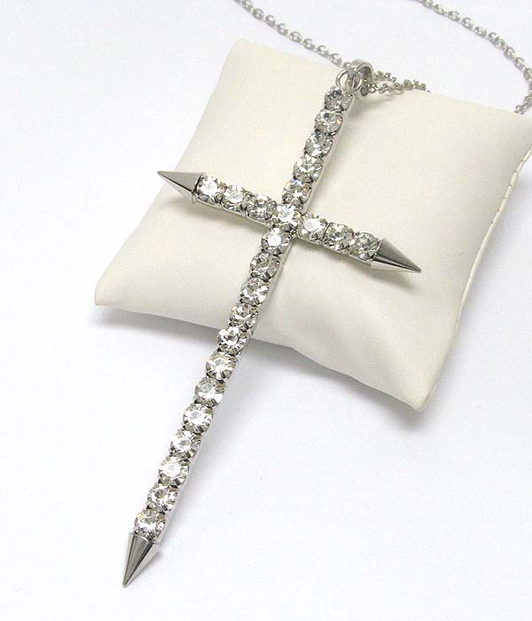 Crystal deco large spike cross long necklace