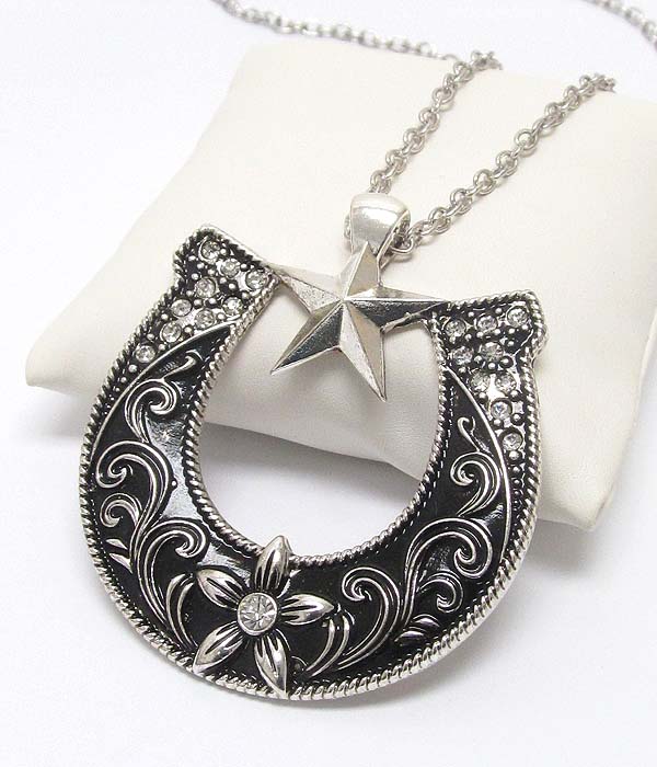 Crystal and metal filigree western theme horseshoe and star pendant long necklace