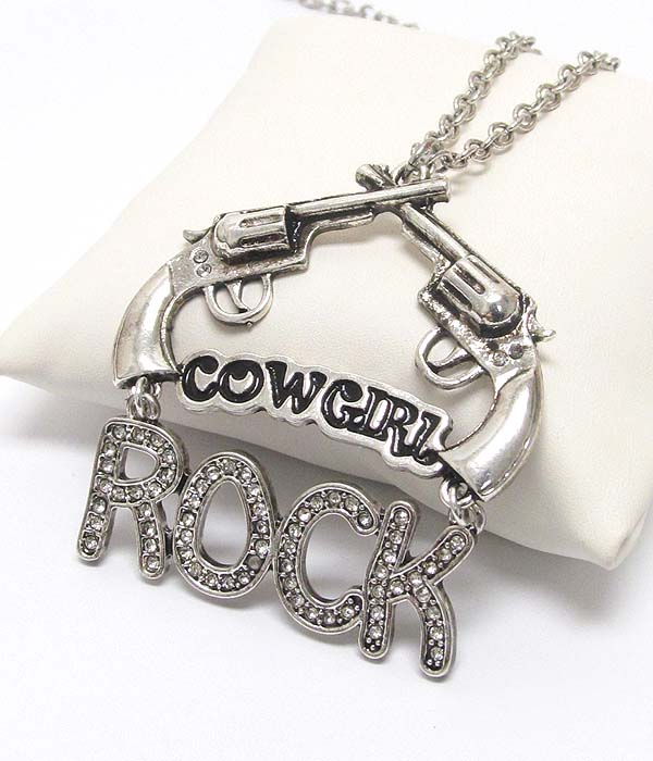 Crystal deco double western theme gun  long necklace - cowgirl rock