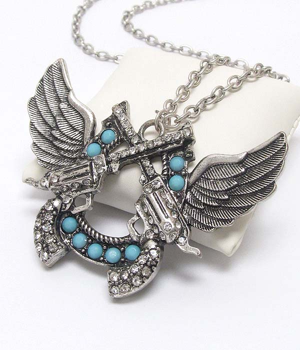 Crystal deco double western theme gun and horseshoe and wing pendant long necklace