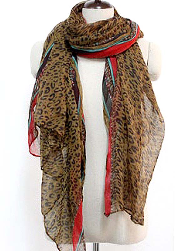 Red leopard pattern premium grade oversize sheer scarf  polyester  fabric