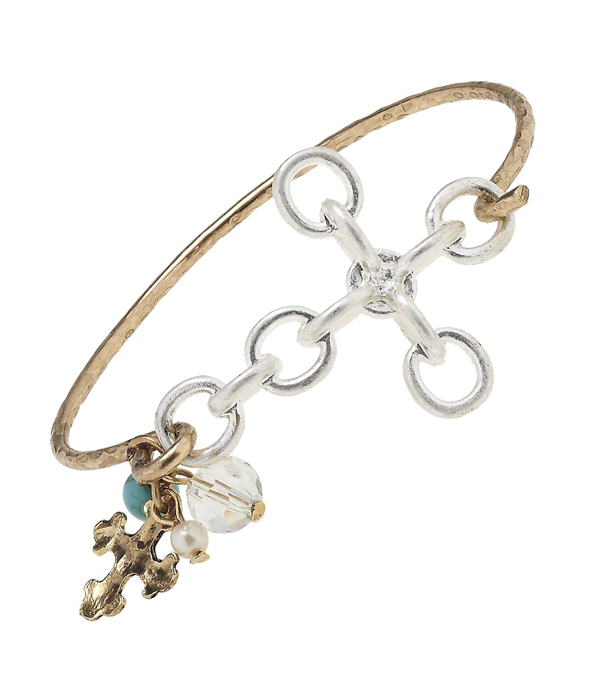 Chain cross and wire latch bangle bracelet