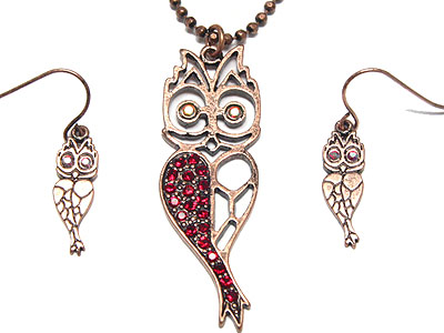 Crystal owl necklace and earring set