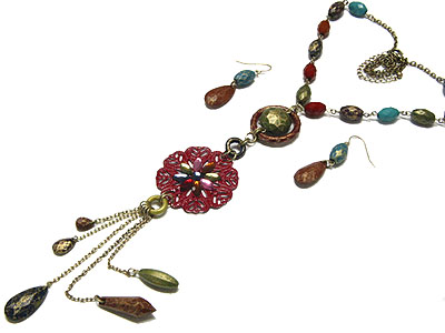 Flower medal and y drop patina beads necklace and earring set