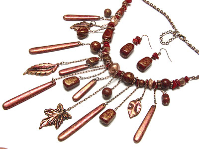 Patina beads and multi antique charm dangle necklace and earring set