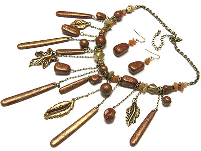 Patina beads and multi antique charm dangle necklace and earring set