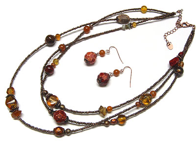 Triple line marble beads and seed beads necklace and earring set