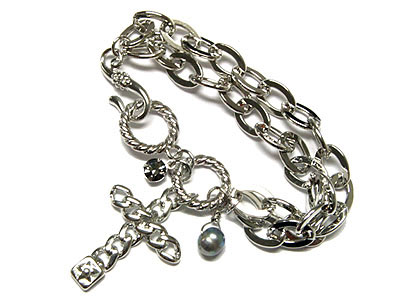 Multi chain cross and crystal ball drop bracelet