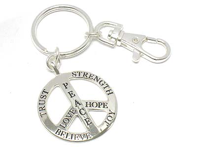 Metal peace charm with words key chain