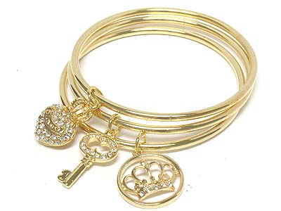 Multi crystal deco charms 3 row bangle