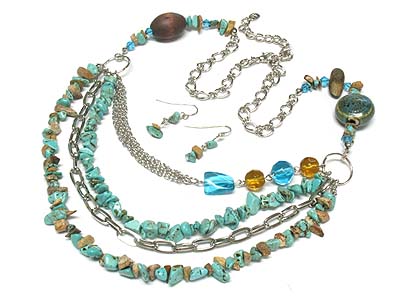 Multi strand natural and germ stone necklace and earring set 