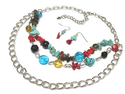 Large cahin and multi stones and beads strand necklace and earring set