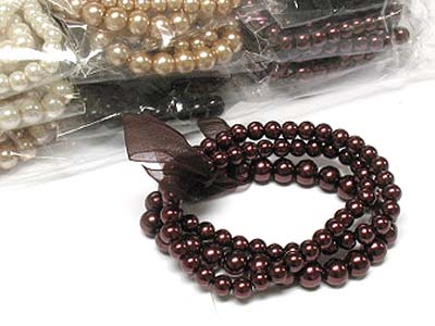 Mixed color dozen pack- 3 line pearl beads stretch bracelet with ribbon mens jewelry