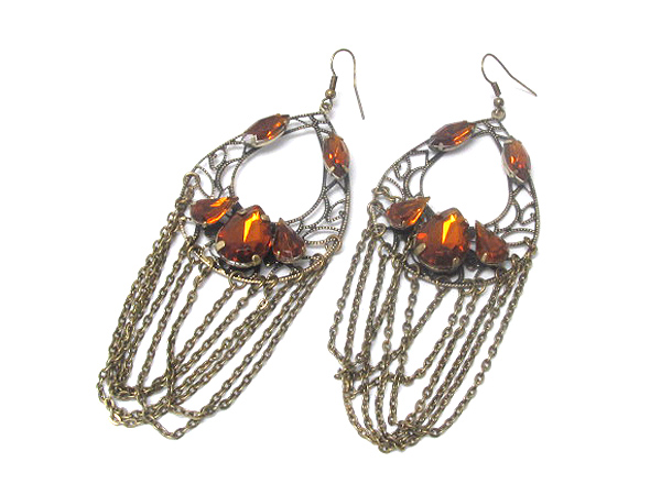 Acrylic stone and metal filigree deco chain drop earring