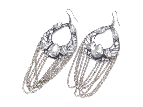 Acrylic stone and metal filigree deco chain drop earring