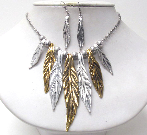 Multi metal casting leaves drop necklace earring set