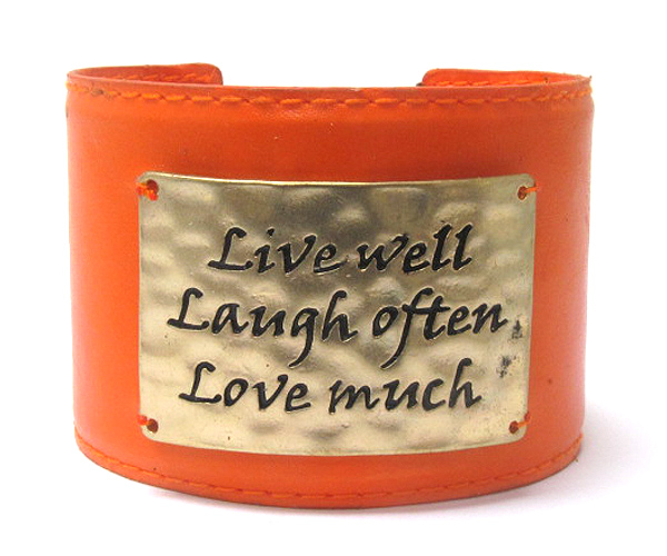 Message on hammered plate leatherette bracelet