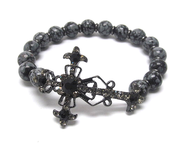 Crystal cross and ball bead strech bracelet