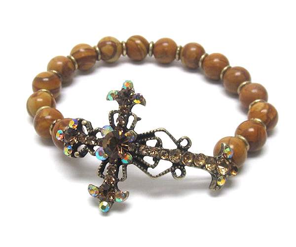 Crystal cross and ball bead strech bracelet