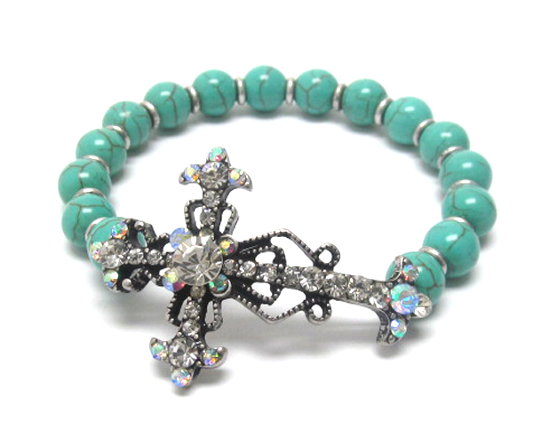 Crystal cross and ball bead strech bracelet