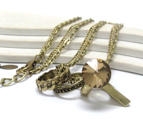 Crystal deco multi ring pendant long necklace