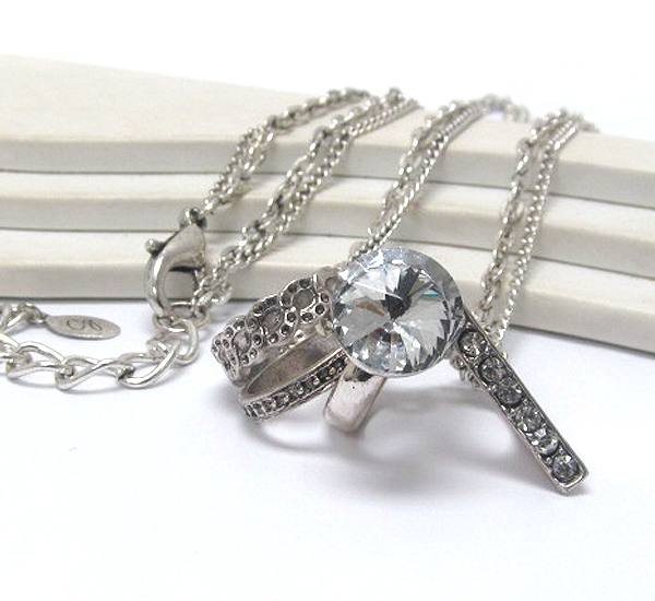 Crystal deco multi ring pendant long necklace