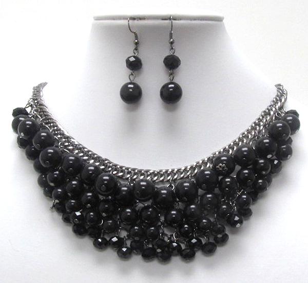 Multi pearl and glass bead drop bib necklace earring set