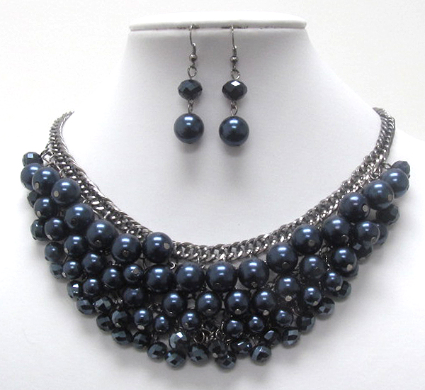 Multi pearl and glass bead drop bib necklace earring set