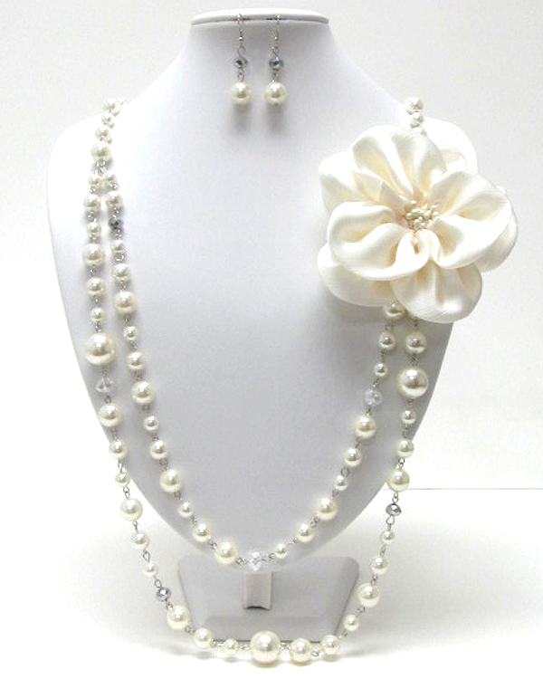 Fabric flower corsage double pearl chain long necklace earring set