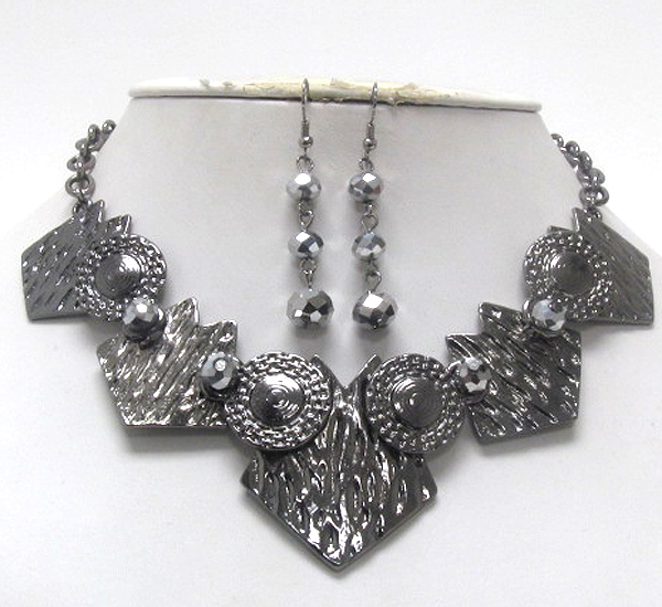 Textured metal aztec inspired piece link necklace earring set -western