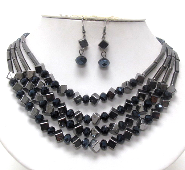 Multi metal cube and glass bead multi line necklace earring set