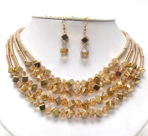 Multi metal cube and glass bead multi line necklace earring set