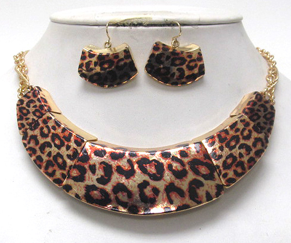 Animal square print five pattern metal bib  drop chain necklace earring set