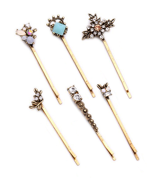 Boutique style multi crystal 6 hair pin set