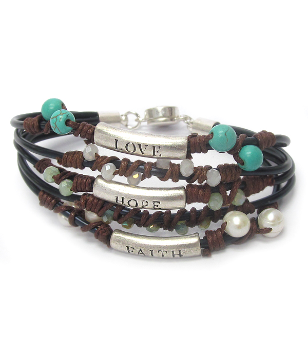 Multi bead and cord metal tube magnetic bracelet - love hope faith